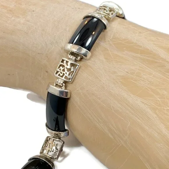 Black Onyx Bracelet, Sterling Bracelet, Asian Characters, Oriental Style,Vintage